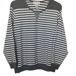 C.D. DANIELS LONG RAGLAN SLV ROUND NECK TOP, WOMENS, 2X, GREY & WHITE STRIPES